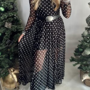 Black Polka Dot Pattern Mesh Long Sleeve Maxi Dress 2pcs Set