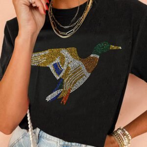 Black Rhinestone Flying Mallard Graphic Casual Round Neck T Shirt