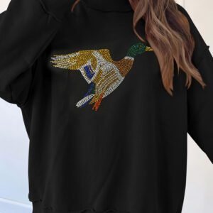 Black Rhinestone Flying Mallard Graphic Mock Neck Tunic Sweatshirt