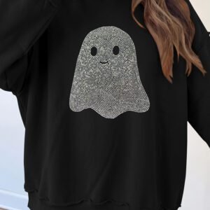 Black Rhinestone Ghost Exposed Seam Mock Neck Halloween Pullover Sweatshirt
