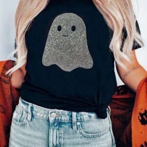 Black Rhinestone Ghost Halloween T Shirt