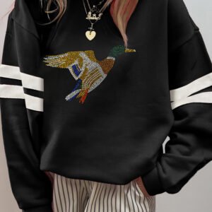 Black Rhinestone Mallard Contrast Striped Sleeve Casual Sweatshirt