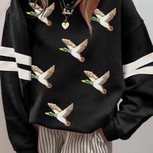 Black Sequin Mallard Crew Neck Casual Pullover Sweatshirt