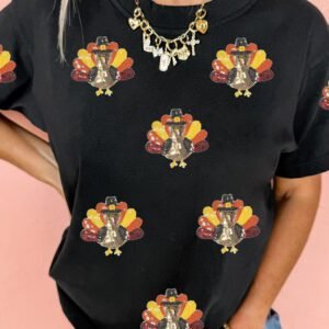 Black Sequin Turkey Round Neck Casual T-Shirt