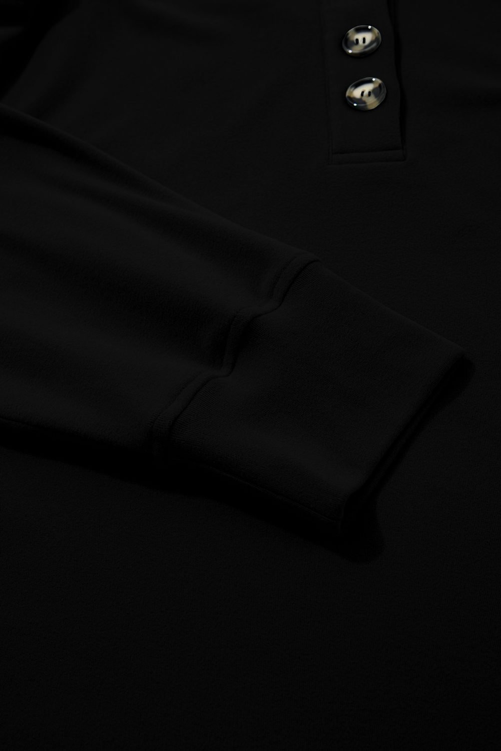 Black Solid Button Placket Crew Neck Plus Size Sweatshirt