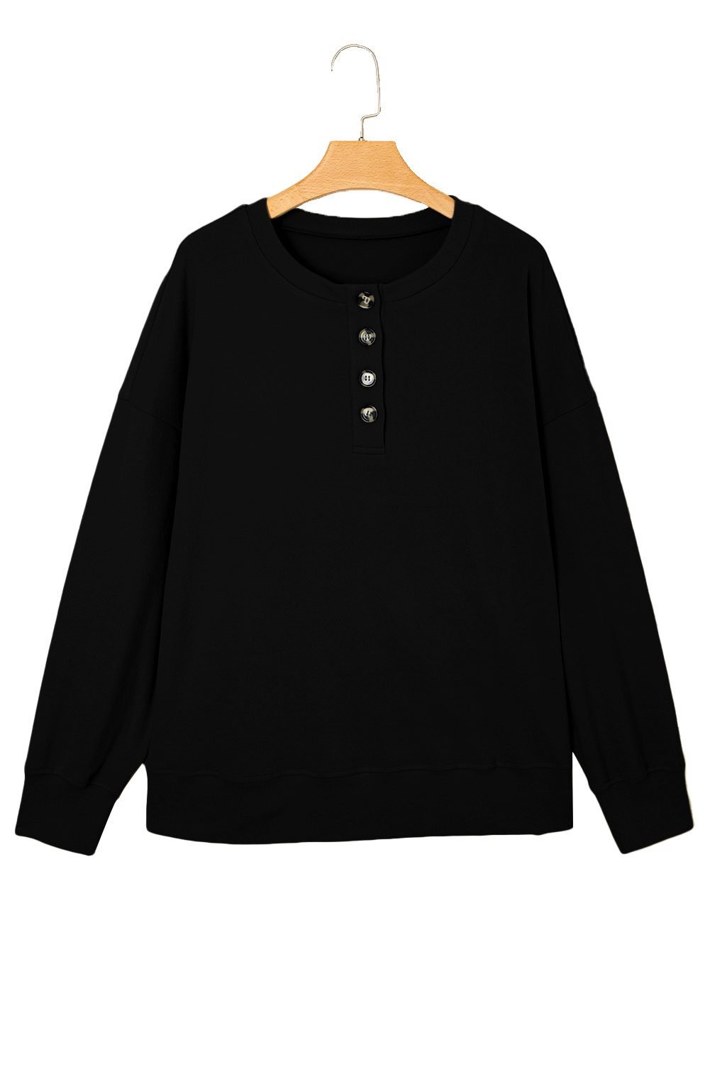 Black Solid Button Placket Crew Neck Plus Size Sweatshirt