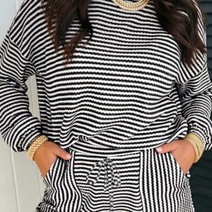 Black Stripe Textured Knit Long Sleeve Top Elastic Waist Shorts Casual Outfit