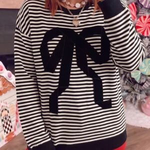 Black Stripe Velvet Bow Pattern Dropped Shoulder Loose Sweatshirt