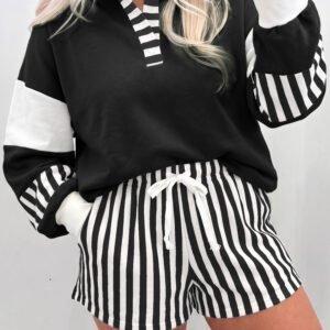 Black Striped Color Block Pullover Top Drawstring Shorts Set
