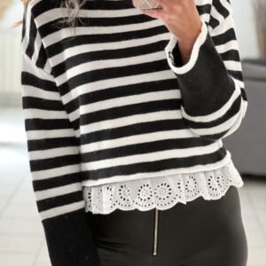 Black Striped High Neck Contrast Ruffle Detail Casual Sweater