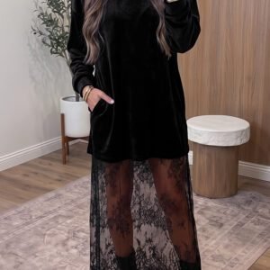 Black Velvet Long Sleeve Lace Splicing Hem Shift Maxi Dress