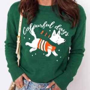 Blackish Green Abstract Dog Embroidery Christmas Fashion Round Neck Sweater