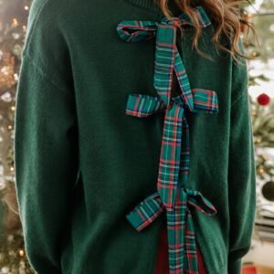 Blackish Green Plaid Bow Detail Drop Shoulder Christmas Sweater