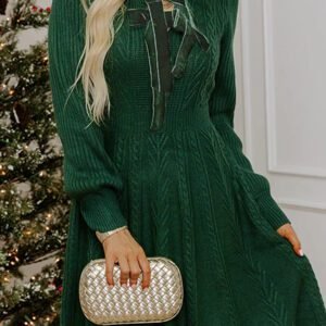 Blackish Green Ribbed Cable Knit Ribbon Knot Sweater Mini Dress
