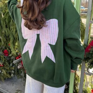 Blackish Green Striped Bow Graphic Oversized Sweatshirt