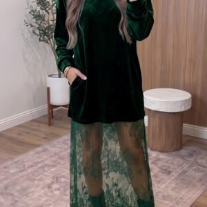 Blackish Green Velvet Long Sleeve Lace Splicing Hem Shift Maxi Dress