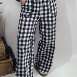 Blue Gingham Plaid Tie Elastic Waist Shift Pants