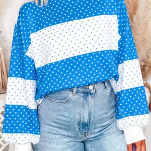 Blue Polka Dot Color Block Drop Shoulder Plus Size Long Sleeve Top