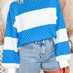 Blue Polka Dot Patchwork Colorblock Long Sleeve Top