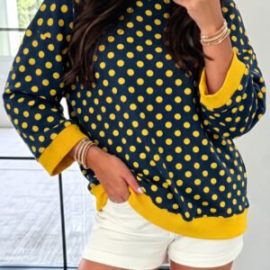 Blue Polka Dot Print Contrast Trim Round Neck Bracelet Sleeve Top