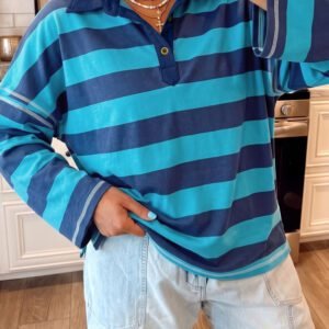 Blue Stripe Contrast Polo Collar Bracelet Sleeve Loose Top