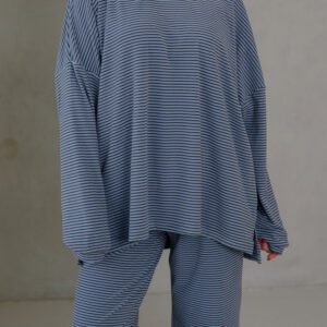 Blue Stripe Contrast Trim Round Neck Oversize Long Sleeve Top 2pcs Pant Set