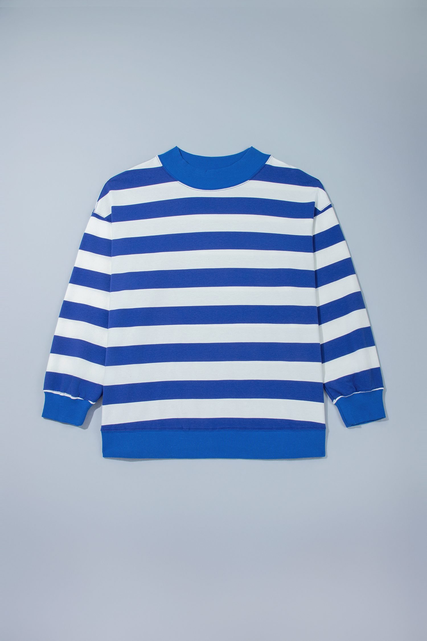 Blue Stripe Ribbed Trim Stand Neck Dropped Shoulder Plus Size Sweatshirt