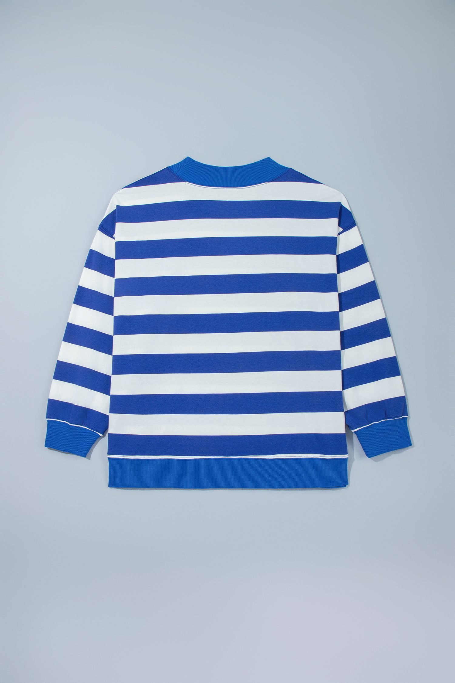Blue Stripe Ribbed Trim Stand Neck Dropped Shoulder Plus Size Sweatshirt