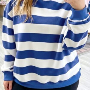 Blue Stripe Ribbed Trim Stand Neck Dropped Shoulder Plus Size Sweatshirt