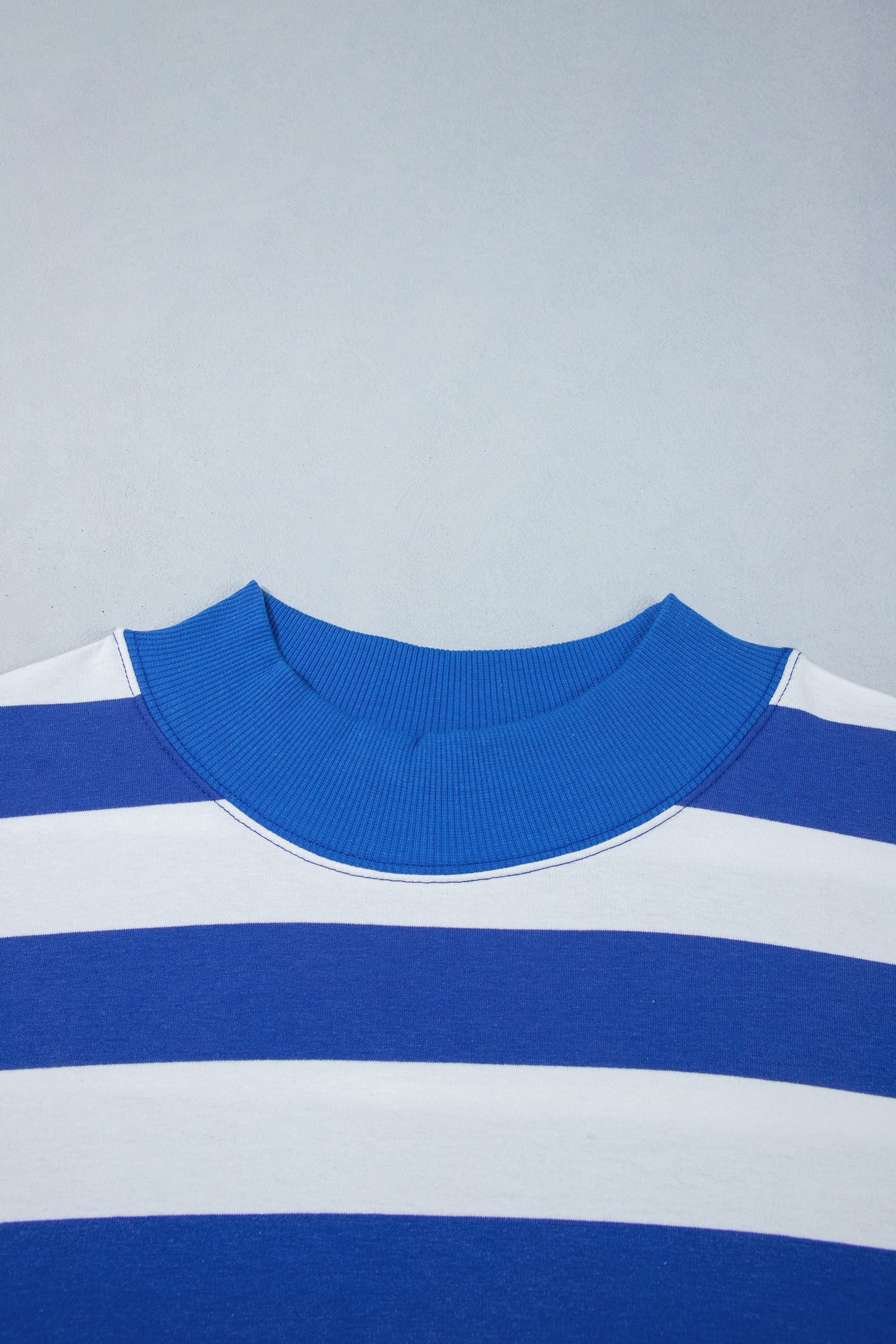 Blue Stripe Ribbed Trim Stand Neck Dropped Shoulder Plus Size Sweatshirt