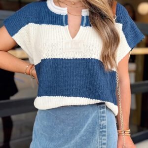 Blue Stripe Striped Colorblock Knit V Neck Short Sleeve Loose Sweater