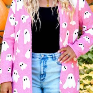 Bonbon Halloween Ghost Pattern Mid-length Knitted Cardigan