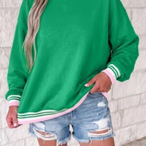 Bright Green Contrast Striped Trim Baggy Pullover Sweatshirt