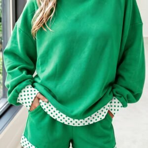 Bright Green Polka Dot Trim Baggy Pullover 2pcs Short Set