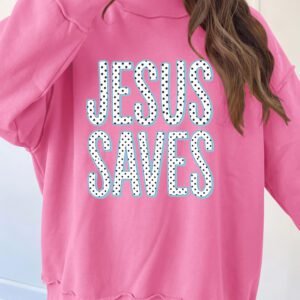 Bright Pink JESUS SAVES Polka Dot Slogan Graphic Mock Neck Baggy Sweatshirt
