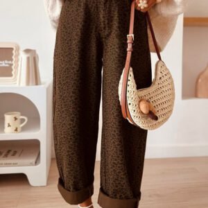 Brown Casual Leopard Print Full-Length Regular Fit Jeans