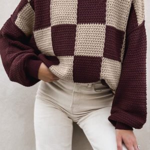 Brown Checkered Pattern Knit Loose Pullover Sweater