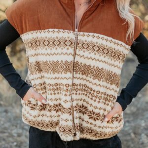 Brown Geometric Print Fleece Metal Zipper Collar Patchwork Design Vest