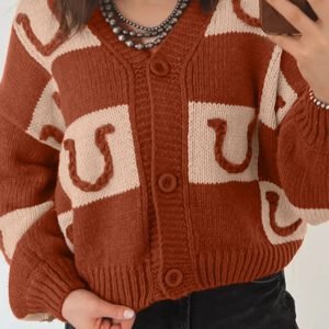 Brown Horseshoe Plaid V Neck Knit Button Front Sweater Cardigan