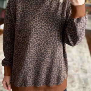 Brown Leopard Print High Neck Long Sleeve Ribbed Cuffs Hem Sweatshirt
