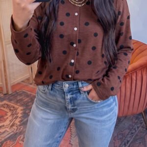 Brown Polka Dot Button Front Long Sleeve Casual Shirt