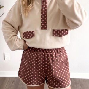 Brown Polka Dot Contrast Baggy Pullover and Elastic Waist Shorts 2pcs Set