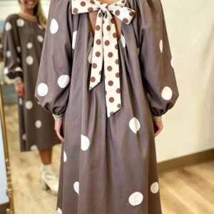 Brown Polka Dot Contrast Bow Knot Back Long Sleeve Midi Dress