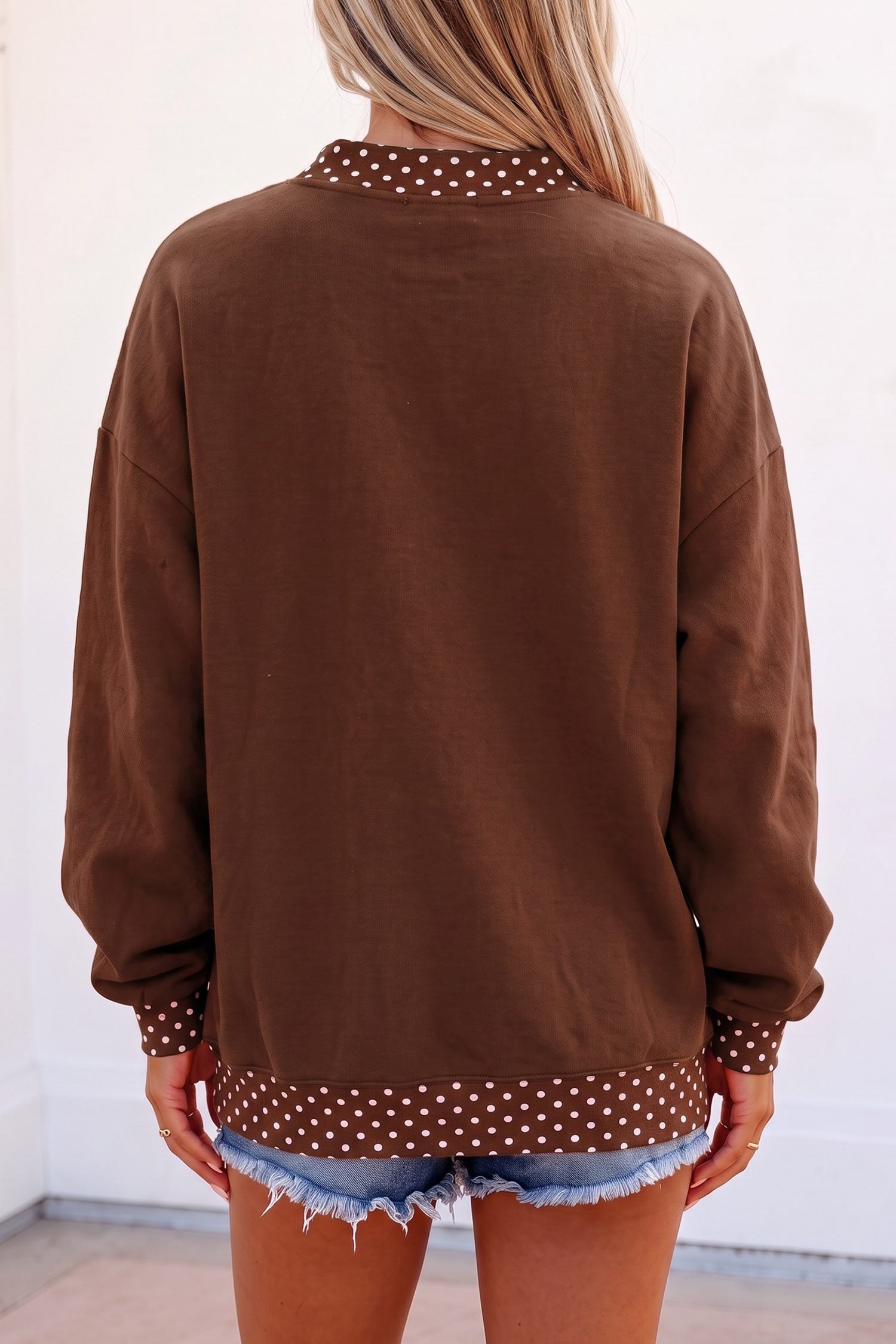 Brown Polka Dot Contrast Trim Slogan Printed Tunic Pullover Sweatshirt