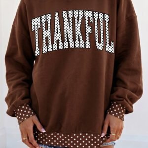 Brown Polka Dot Contrast Trim Slogan Printed Tunic Pullover Sweatshirt