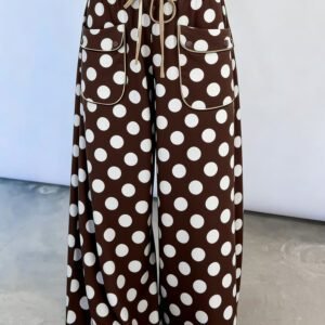 Brown Polka Dot Drawstring Pocket Wide Leg Pants