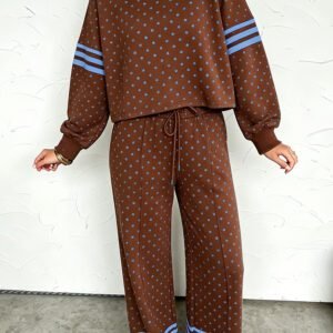 Brown Polka Dot Print Colorblock Stripes Detail Relaxed 2pcs Pant Set