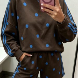 Brown Polka Dot Print Varsity Striped Detail Long Sleeve Top Short Set