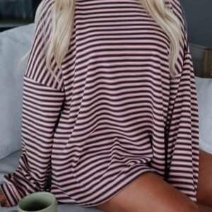 Brown Stripe Long Sleeve Oversized Top Pocketed Casual Shorts Two Piece Set