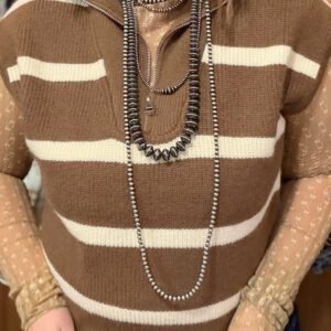 Brown Stripe Striped Colorblock Drop Shoulder V Neck Tunic Sweater T-shirt